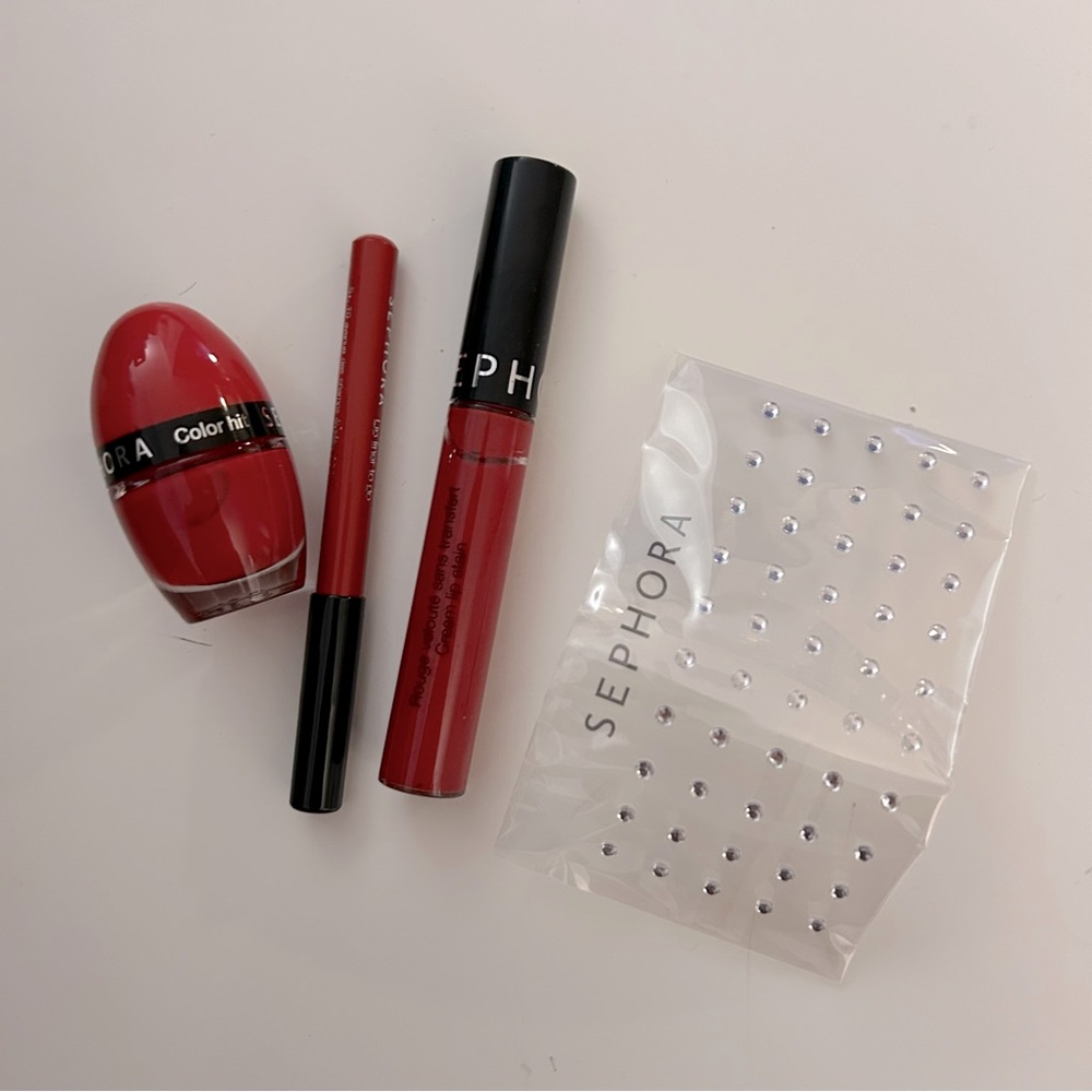 Sephora Red Nail Polish, Liquid Lipstick, Rhinestone Stickers & Lip Liner